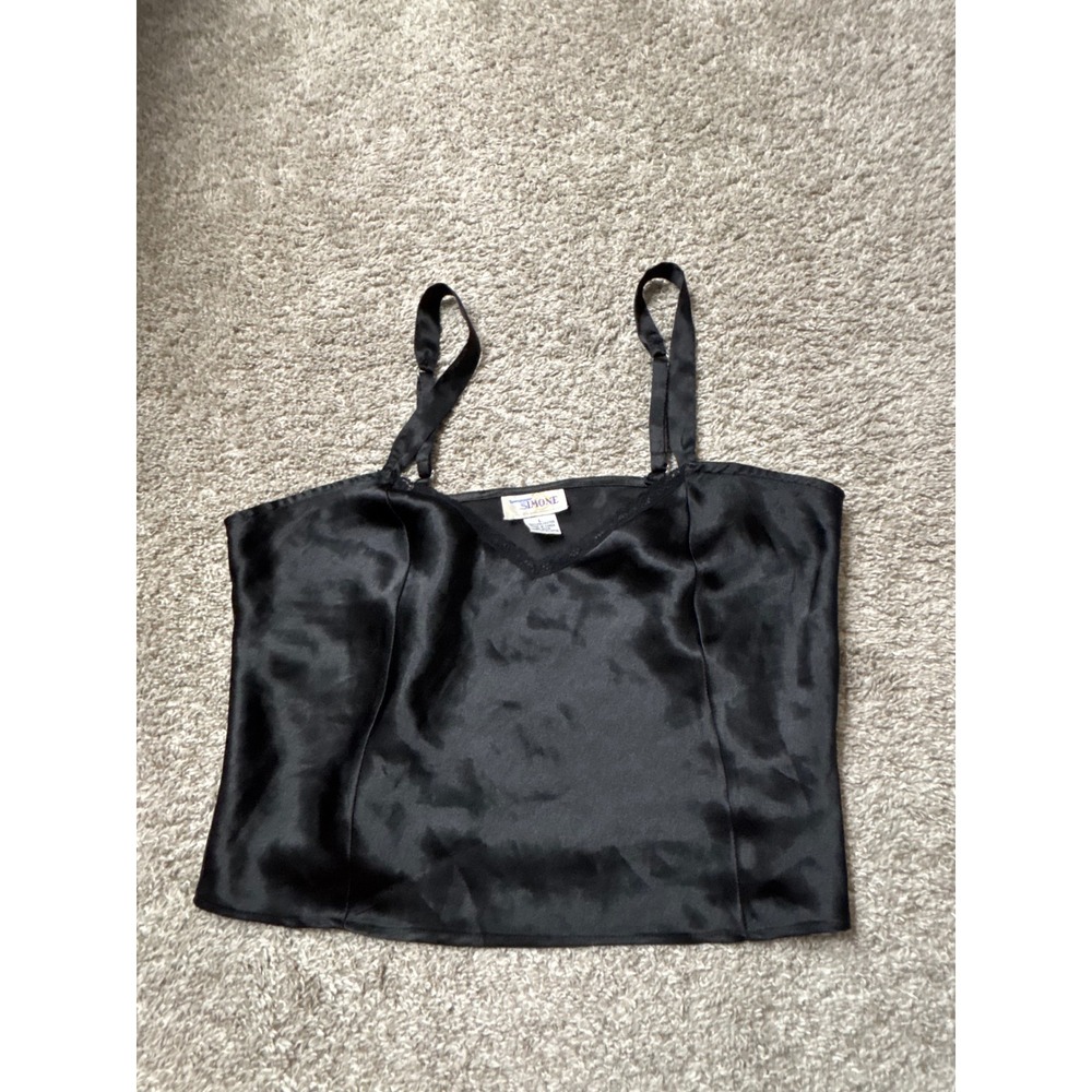 Dominique & Simone Black Satin Camisole Lace Trim Adjustable Straps L